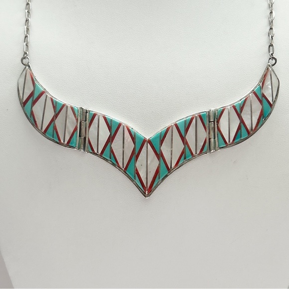 Vintage Signed Zuni Turquoise Mother Pearl Coral Inlay Sterling Silver Necklace - Picture 4 of 15